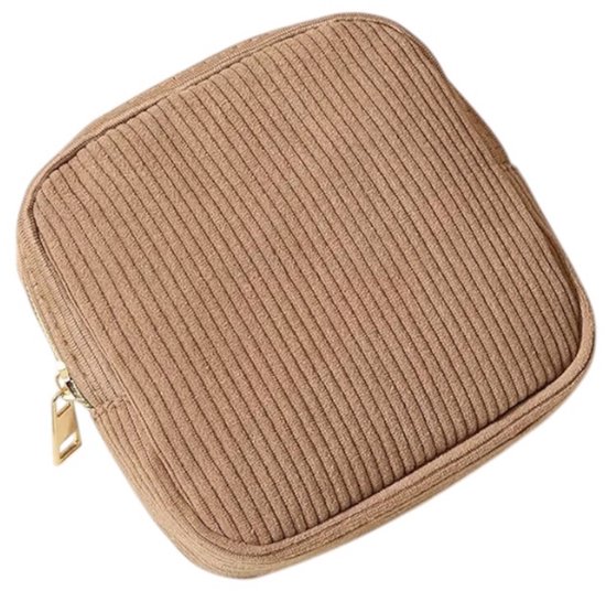 Mini trousse de Maquillage en velours côtelé - Marron | 12 x 12 x 3 cm | Trousse de toilette / étui pour serviette Serviettes hygiéniques | Mode Favorite