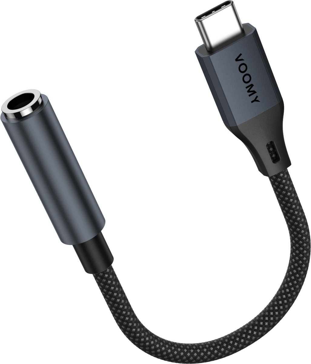 Voomy USB C naar 3.5mm Jack Adapter - Aux TRRS (female) naar USB-C (male) - 24bit / 48KHz Hi-res Lossless - Headphone Jack met DAC converter - Space Grey