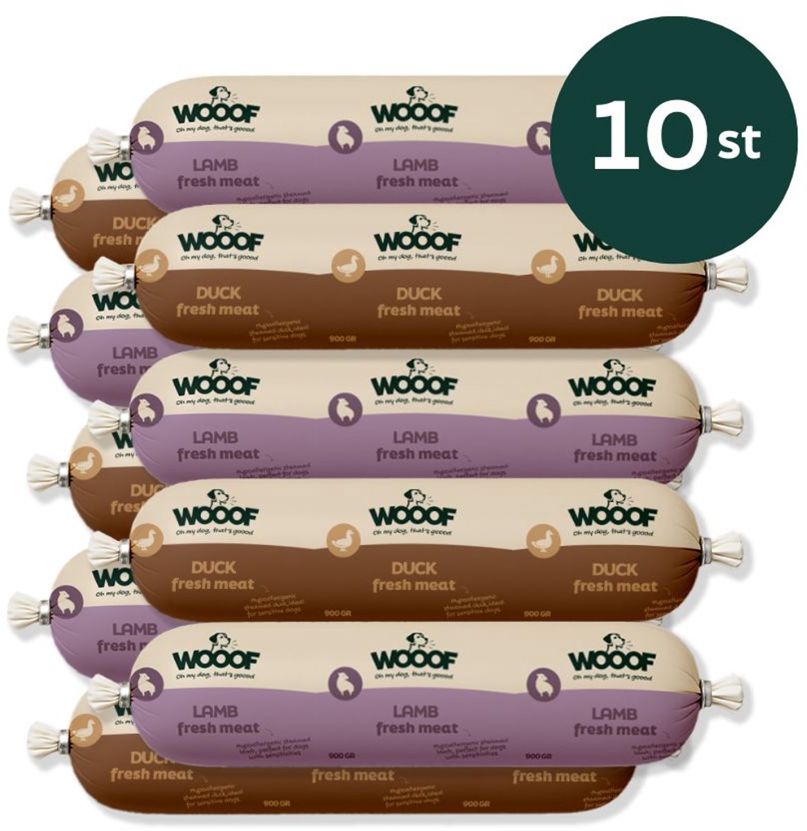 WOOOF Honden worsten Hypoallergeen - Lam en Eend worsten Vers vlees natvoer - Houdbare worsten hondenvoer - 10x800gram