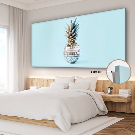 Canvas schilderij 200x100 cm - Exclusieve wanddecoratie Blauw - Ananas - Disco - Discobal - Muurdecoratie accessoires - Keuken decoratie muur - Schilderijen op canvas