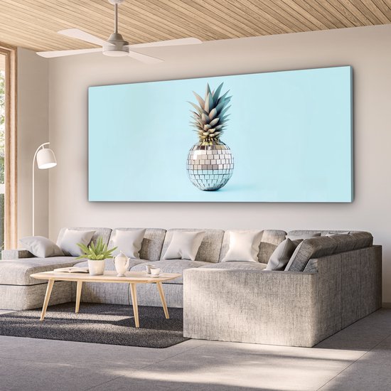 Canvas schilderij 200x100 cm - Exclusieve wanddecoratie Blauw - Ananas - Disco - Discobal - Muurdecoratie accessoires - Keuken decoratie muur - Schilderijen op canvas