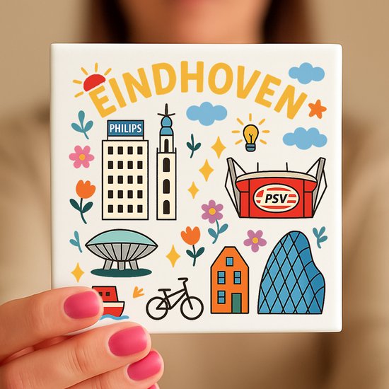 Carreau d'Eindhoven - 15 x 15 cm - Céramique - Souvenir décoratif - Avec support/chevalet transparent - Cadeau - Carreaux avec texte