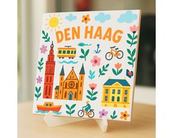 Tegeltje Den Haag - 15×15 cm – Keramiek – Decoratief Souvenir – Inclusief Transparante Houder / Ezel – Cadeau - Tegeltjes met tekst