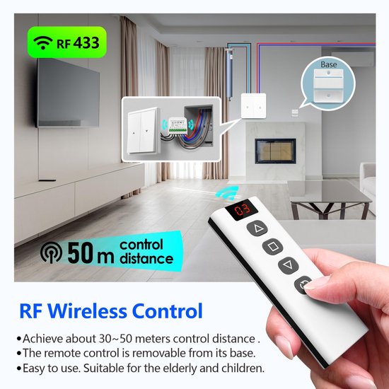 Een hand houdt een witte afstandsbediening vast met 3 knoppen en een display. Op de achtergrond is een woonkamer te zien met een geluidsinstallatie, tv en open haard. De tekst "RF 433" en "50m control distance" staat in beeld.