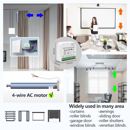 Montage van een 4-draads AC-motor met een roldeur module. De module heeft schroefconnectoren en is 45x45x16mm. Een vrouw presenteert de module in een vergaderruimte.