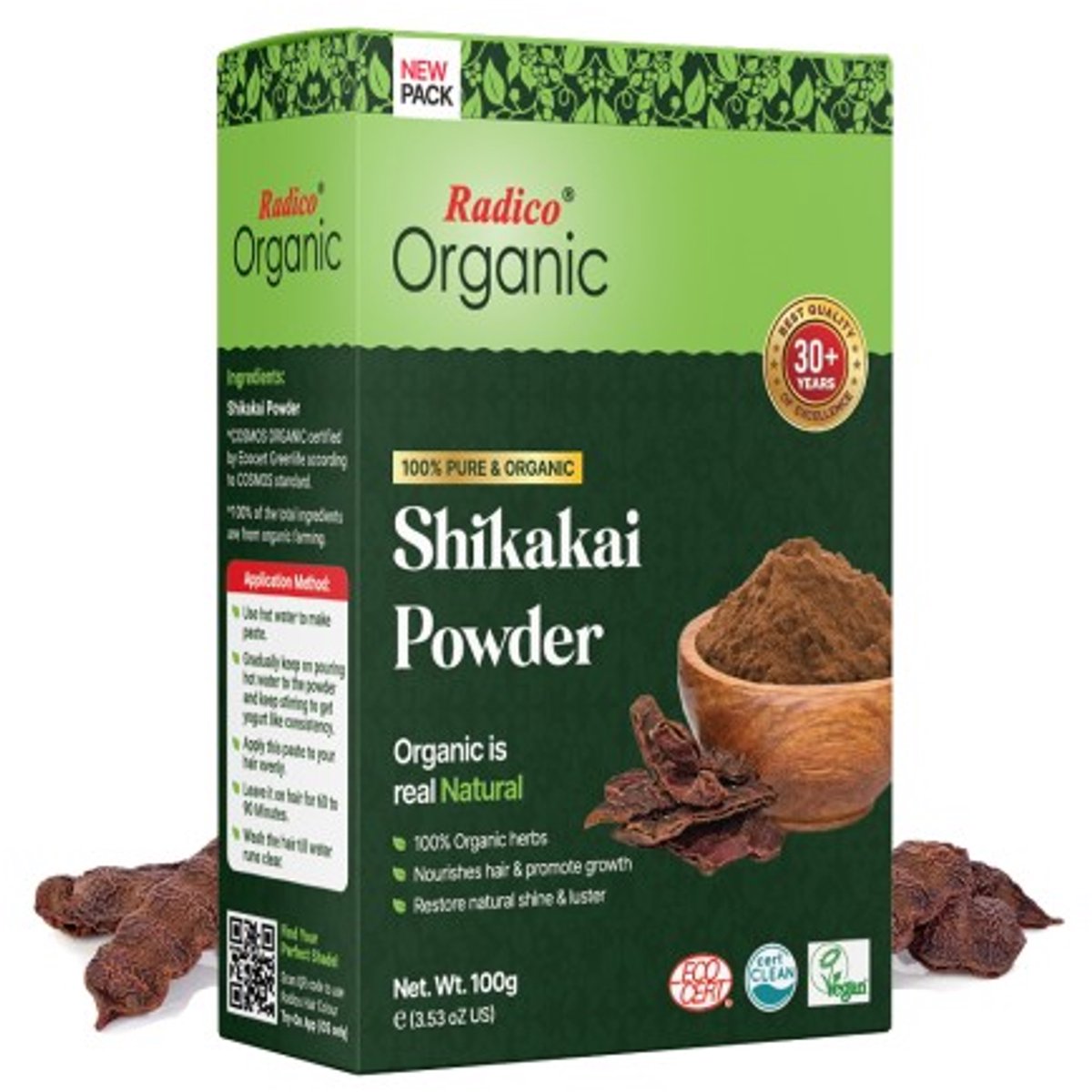 Radico ORGANIC SHIKAKAI 100% Natuurlijke BIO Organic Vegan Haargroei, Anti-Haaruitval, Care, Volume, Kalmerende, Voedende, VERSTERKENDE Poeder Haarmasker en Shampoo 2 in 1 met Vit. A, C, D, E en K & ECOCERT 100g