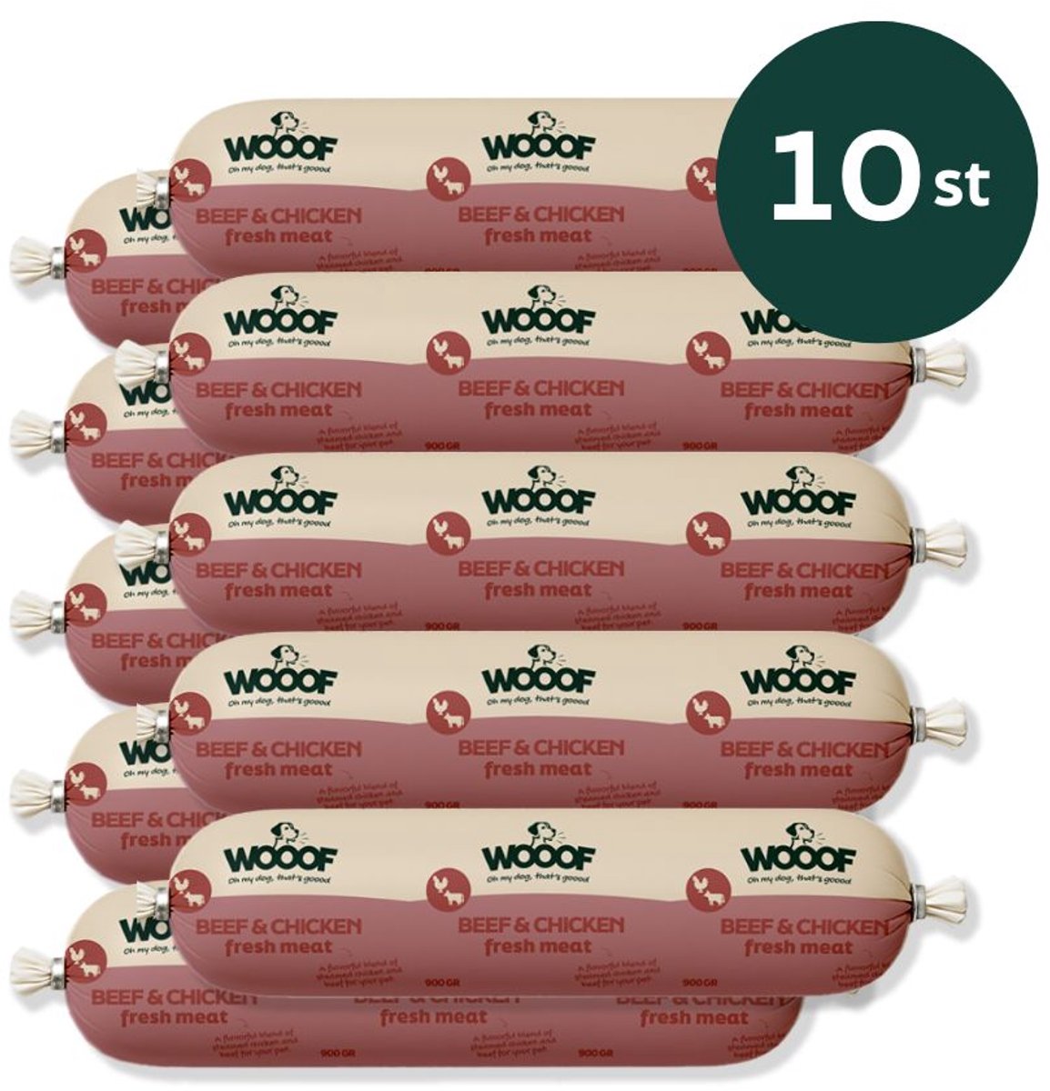 WOOOF verse Kip/Rund worst - 10 stuks - Houdbare Hondenworsten - Gestoomd Vlees - Vers Vlees - Natvoer - 10 x 900 gram
