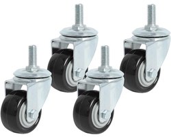 4 stuks - Zwenkwielen - Reservewielen - Transportwielen - Zwenkwiel - Meubelwielen - Ø40mm - 60KG Draagvermogen - Schroefdraad M6 x 15mm - Zwart - Metaal en rubber