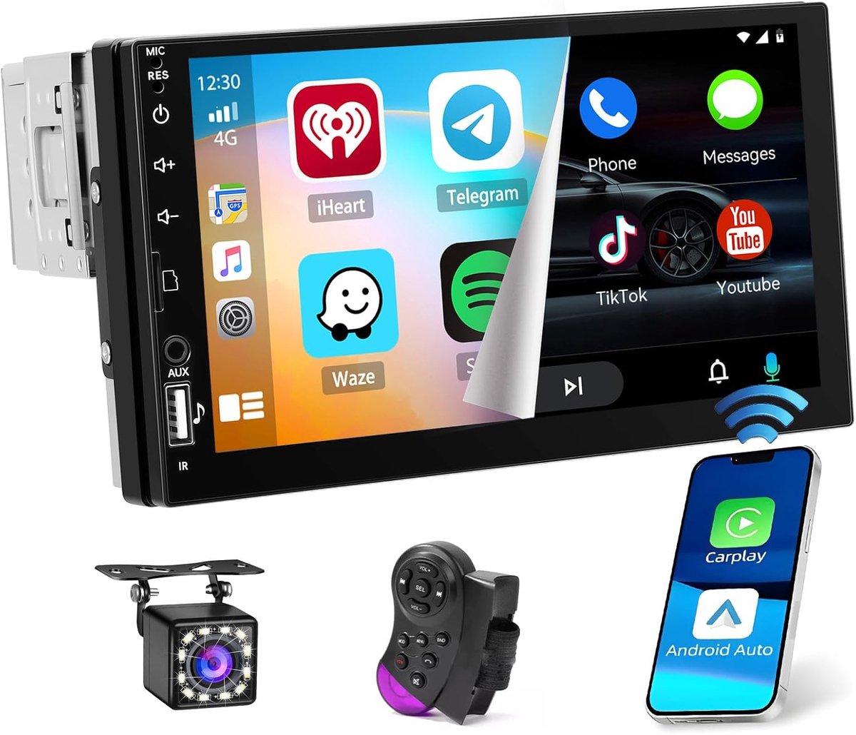 1 Din Autoradio met 7 Inch Touchscreen - Bluetooth Carplay en Android Auto - Achteruitrijcamera en Microfoon