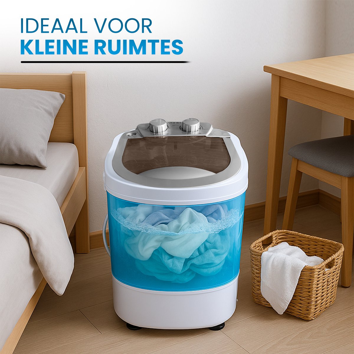 Vonia Mini Wasmachine - Kleine wasmachine - Met centrifuge en bovenlader - Wascapaciteit 2,6 kg - Energiezuinig - Wit/Blauw — afbeelding 4