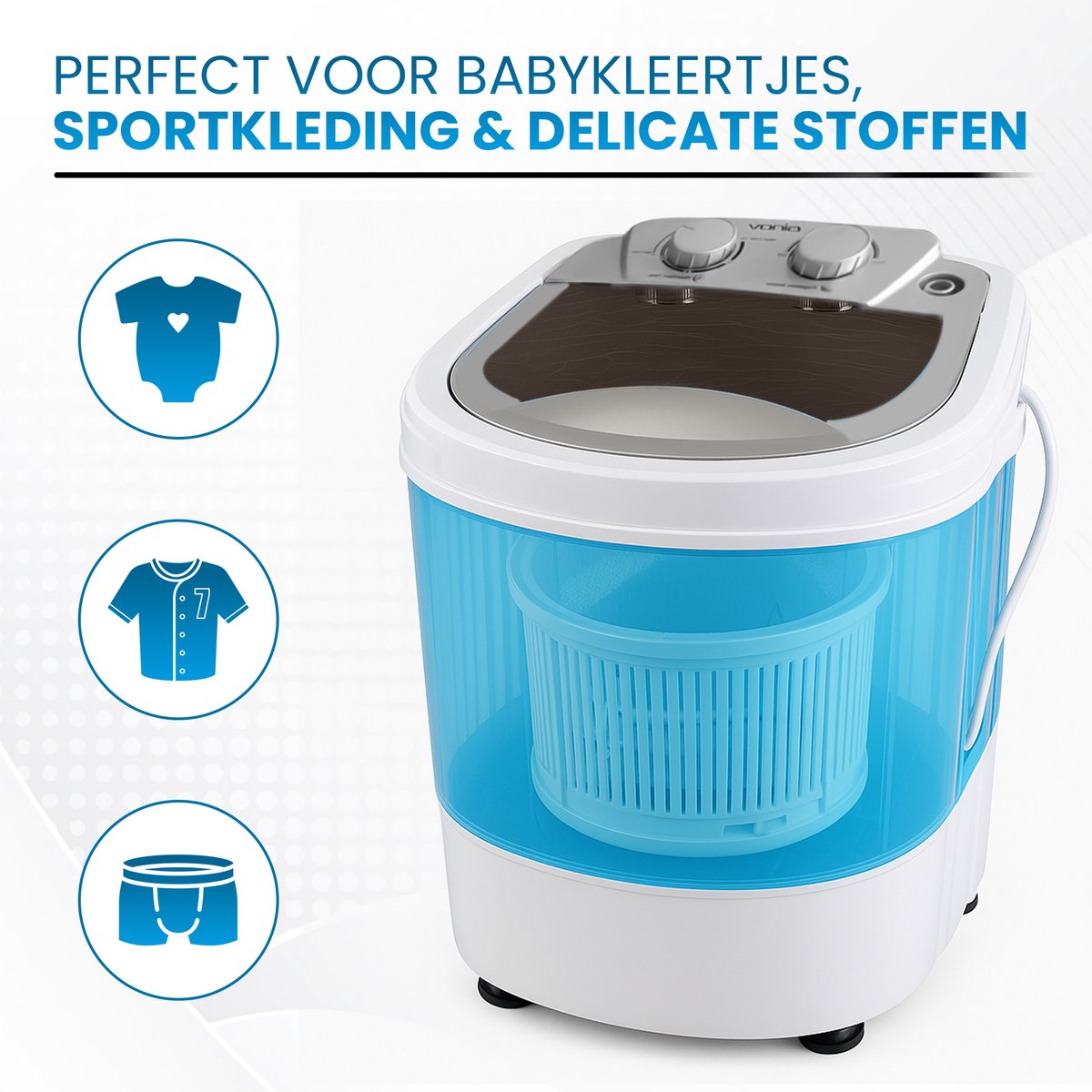 Vonia Mini Wasmachine - Kleine wasmachine - Met centrifuge en bovenlader - Wascapaciteit 2,6 kg - Energiezuinig - Wit/Blauw — afbeelding 5