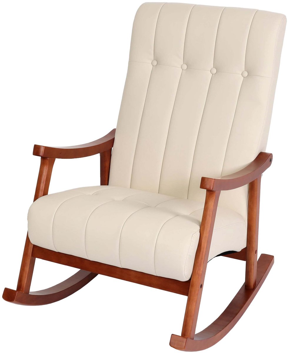 Schommelstoel MCW-K10, schommelstoel Relaxstoel MVG ~ kunstleer crème, frame walnootlook