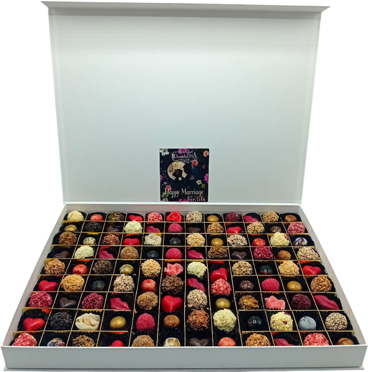 Happy Marriage' bruids-boxen Huwelijks Chocolade box: Luxe trouwcadeau, huwelijkscadeau met handgemaakte chocolade Truffels en Bonbons Relatiegeschenk-chocoladecadeau-pralines-bonbons-verjaardagscadeau Huwelijk-bruiloft-trouwen-huwelijksgeschenk