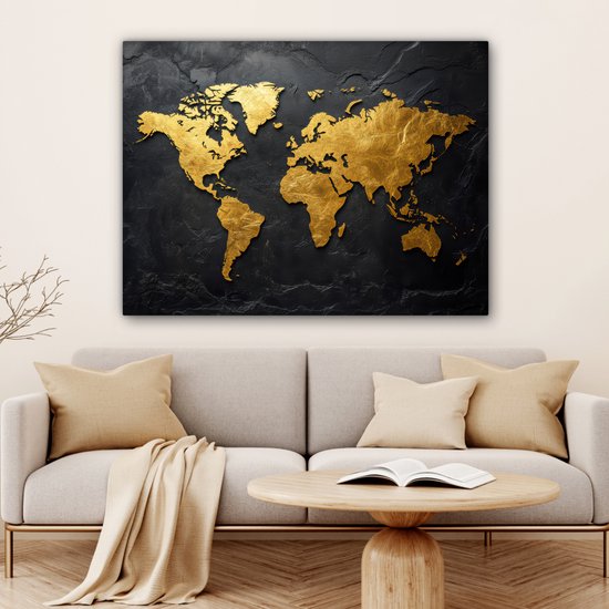 Tableau sur toile 120x90 cm - Décoration murale Wereldkaart - Or - Pierre - Décoration murale salon - Décoration chambre - Accessoires chambre - Peintures sur toile