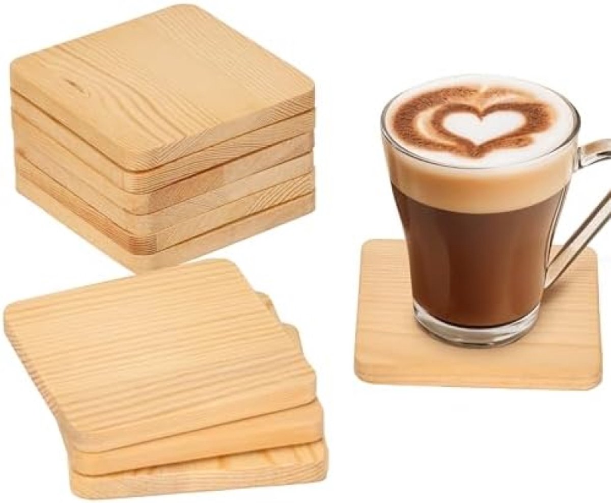 PromoHome Houten Vierkante Onderzetters Set - 12 Stuks DIY Blank Hout