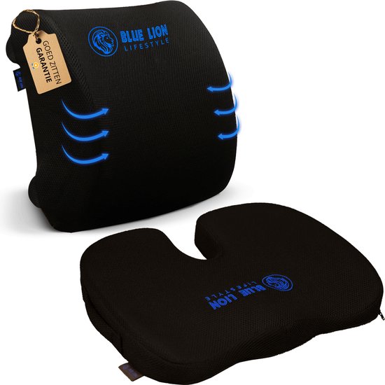 Coussin de siège orthopédique et support dorsal Blue Lion Style de vie S - Coussin ergonomique pour le coccyx et support lombaire - Coussin compensé et coussin de dos pour le bureau - dans la voiture - à la maison - Mousse à mémoire de forme - Zwart