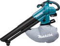 Turquoise Makita bladblazer met zwarte slang en grijze opvangzak.