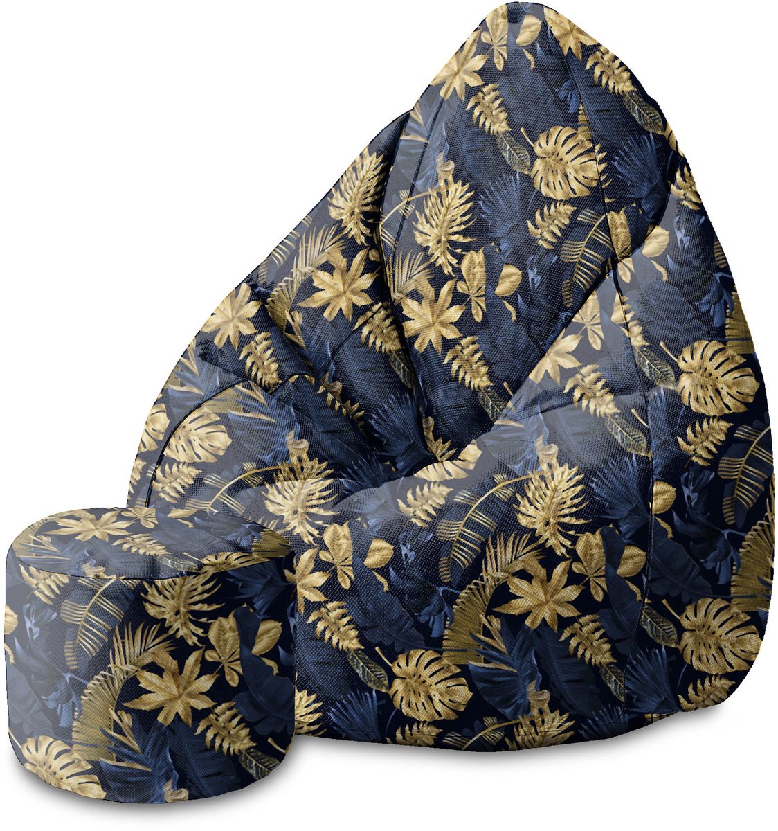 DreamRoots Velvet Zitzak voor Volwassenen – Luxe Beanbag met Voetsteun en Afneembare Hoes – Inclusief Vulling – 80x80x120 cm - Monstera Gold Navy Blue