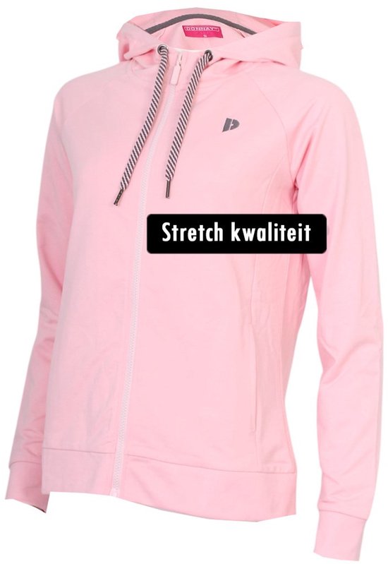 Lichtroze damesvest met capuchon, rits, logo en "Stretch kwaliteit" tekst.