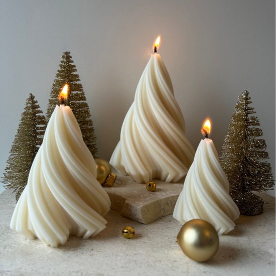 MinaCasa - Luxe Christmas tree Kaarsenset - 3 delig - Wit - Cadeau - Kerst - Winter Decoratie - Cadeauset vrouw - Kerstboom decoratie