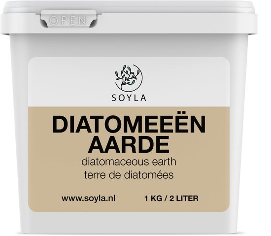 Witte emmer met "SOYLA DIATOMEEËN AARDE 1 KG / 2 LITER" logo en een takje.
