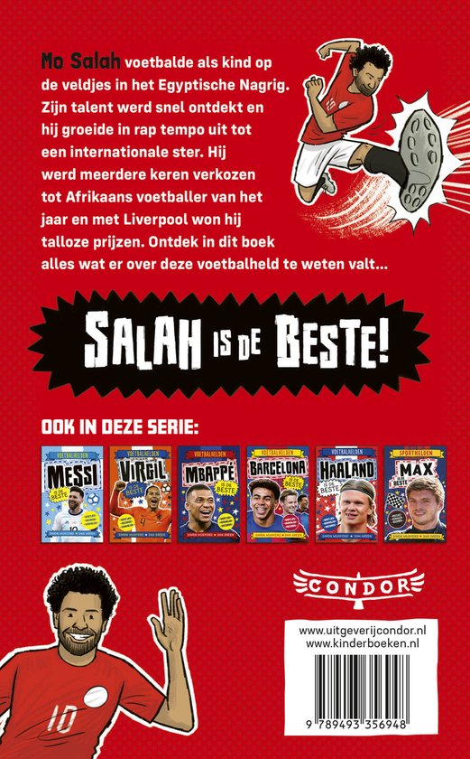 Boek met Mo Salah die een voetbal schopt. Tekst: SALAH IS DE BESTE! OOK IN DEZE SERIE: MESSI, VIRGIL, MBAPPE, BARCELONA, HAALAND, MAX.