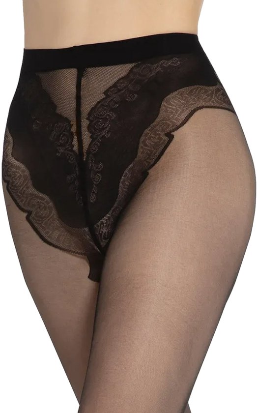 Zwarte panty met kanten bies op de heupen en rond het kruis