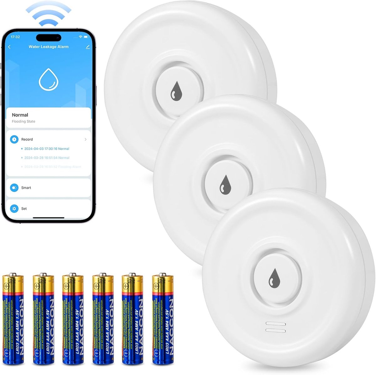 Wifi Watermelder - Waterstandsensor met Alarm en Batterij - Set van 3 voor Keuken, Badkamer en Kelder