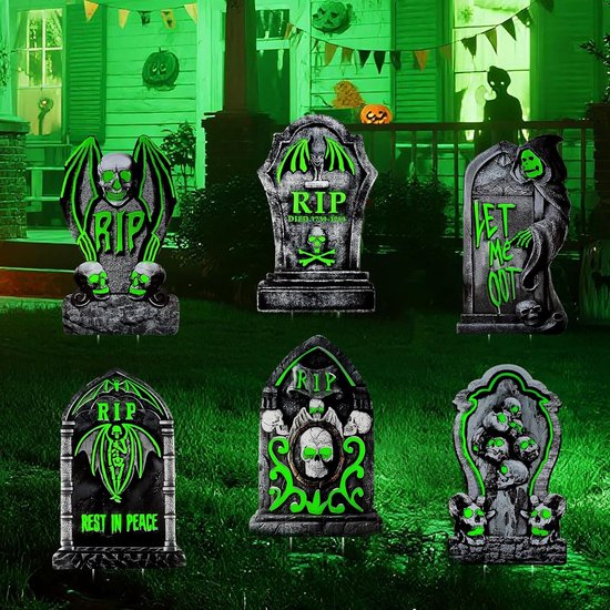 Foto: 6pcs halloween grafstenen decoratie verschrikkelijke rip grafsteen outdoor fluorescerende halloween grafstenen voor begraafplaats zombie party halloween tuin decoratie
