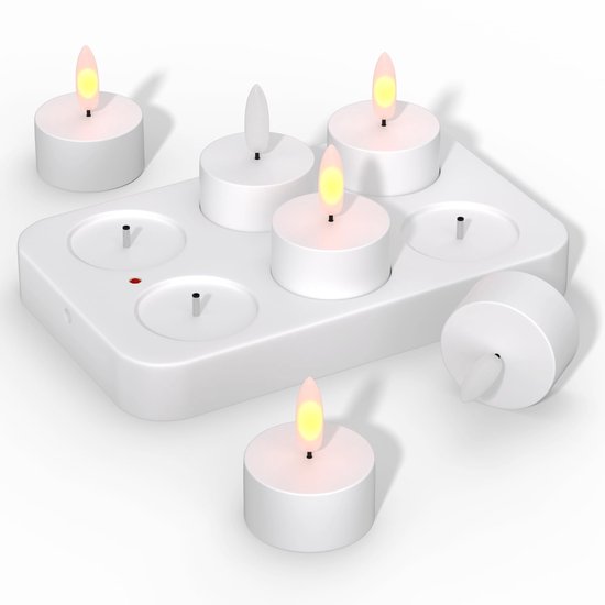 Pakket Van 6 LED-theelichtjes LED-kaarsen Zonder Vlam Met Oplaadstation Oplaadbare Kaars Vlam Flikkerend Kaarslicht Elektrische Theelichtjes Jeugdwijdingslantaarn Tafellamp Woonkamer [Energieklasse D]