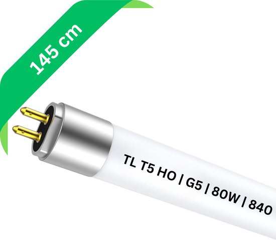 Witte TL-buis van 145 cm, met de tekst 'TL T5 HO | G5 | 80W | 840'.