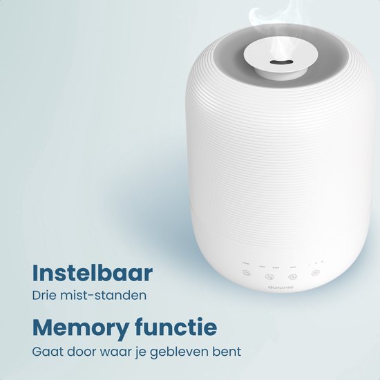 Diffuseur blanc au design rayé, avec boutons pour "Réglable" et "Fonction mémoire"