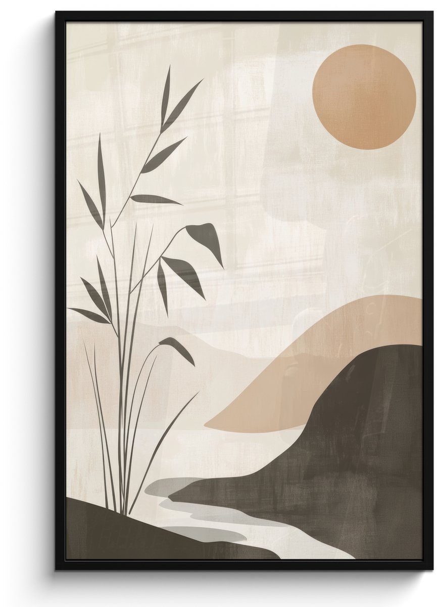 FrameYourWall Poster in lijst - Fotolijst 80x120 cm - Posters - Japandi - Landschap - Beige - Posterlijst zwart - Decoratie - Wanddecoratie woonkamer - Muurdecoratie slaapkamer Natuur