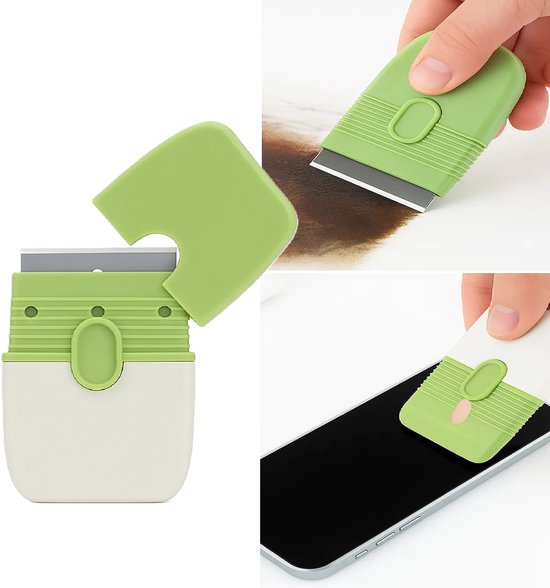Grattoir multifonctionnel double face – Outil de nettoyage compact avec couvercle de protection | Pour carrelages, Glas, plaque de cuisson, Cuisine et salle de bain – 4,7 × 7,8 cm – Vert