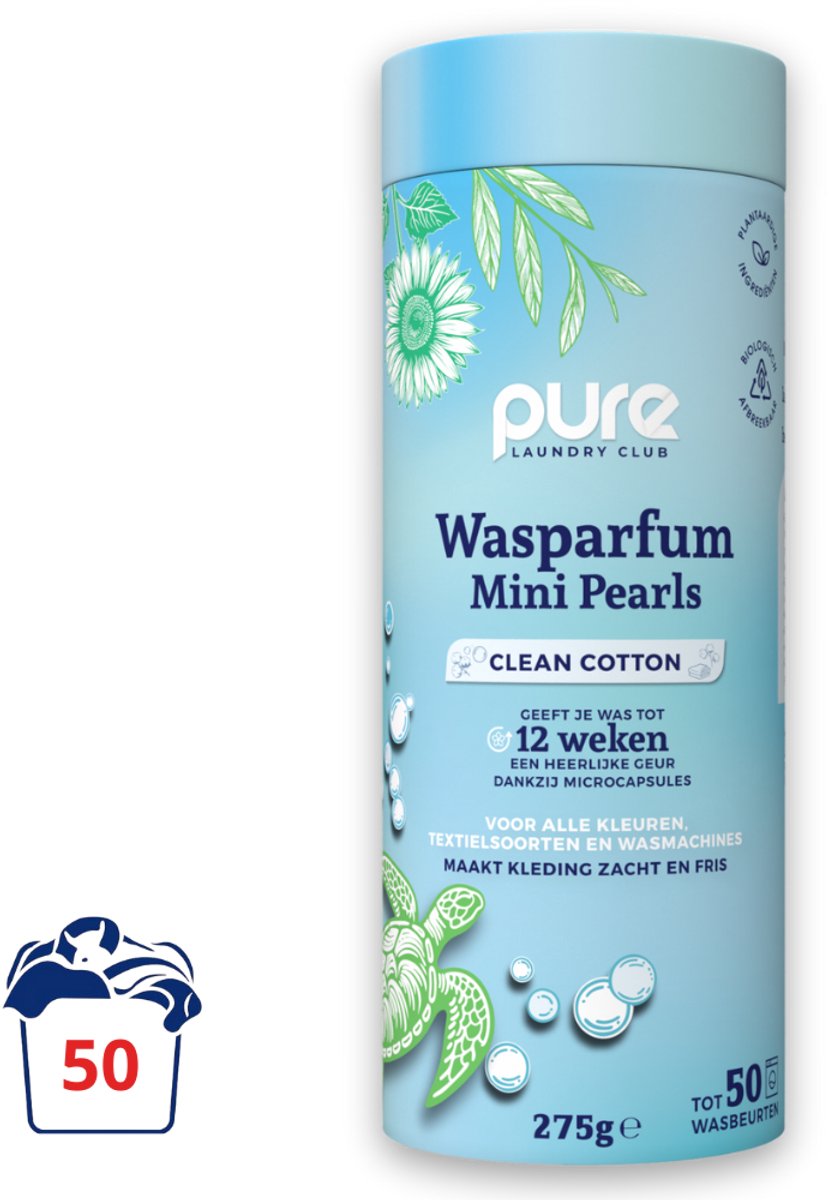 Pure Laundry Club Wasparfum Mini Pearls - Clean Cotton - 50 Wasbeurten - Luxe Geurbooster - Tot 12 Weken Frisse Was - 100% Plasticvrij, Natuurlijk & Vegan Wasparels - Geurparels Wasmachine