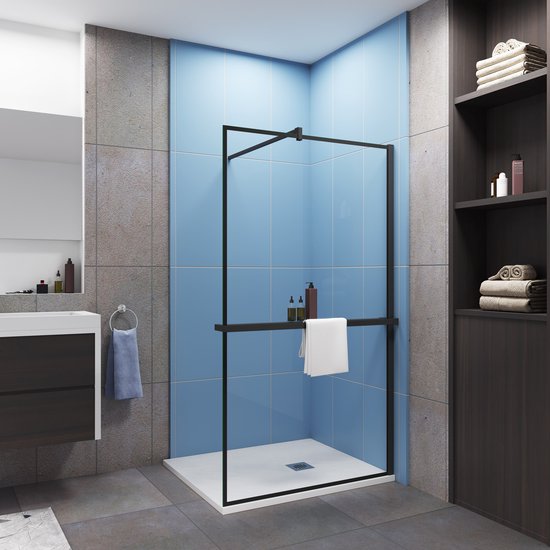 Ideale keuze voor de badkamer-inloopdouche 100x200cm-8mm easy clean glas met zwarte zeefdruk-planchet-F-stabilisatiestang 140cm-Snijbaar-mat zwart