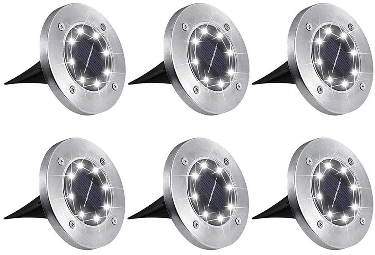 Bol.com LED Solar Grondspot - Set van 6 stuks - Tuinverlichting op zonne-energie - 10 uur licht - Waterdicht - RVS Solar grond s... aanbieding