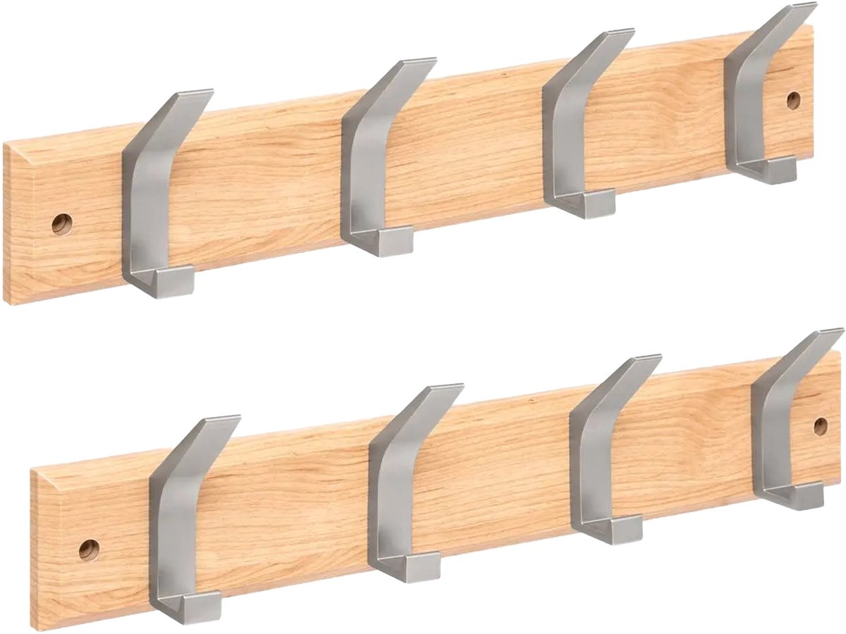 5Five® 5Five Kapstok - 2x - 4 ophang haken - RVS - naturel/zilver - 45 x 10 cm - wandkapstok - voor hal of badkamer