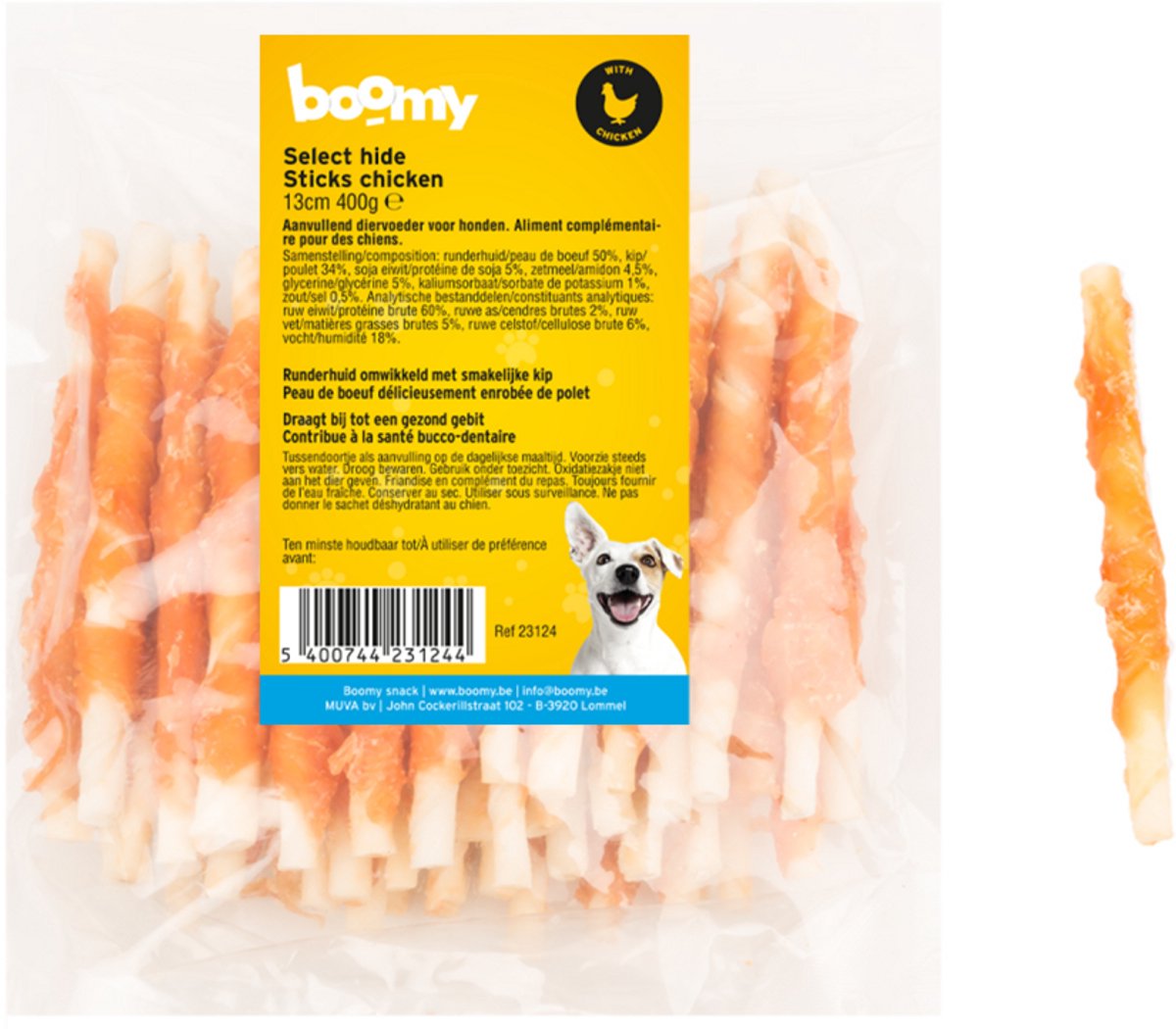 Boomy - Select Hide Sticks met Kip – Hondensnacks van runderhuid & kip – Gezonde kauwsticks voor honden -13cm - 750g