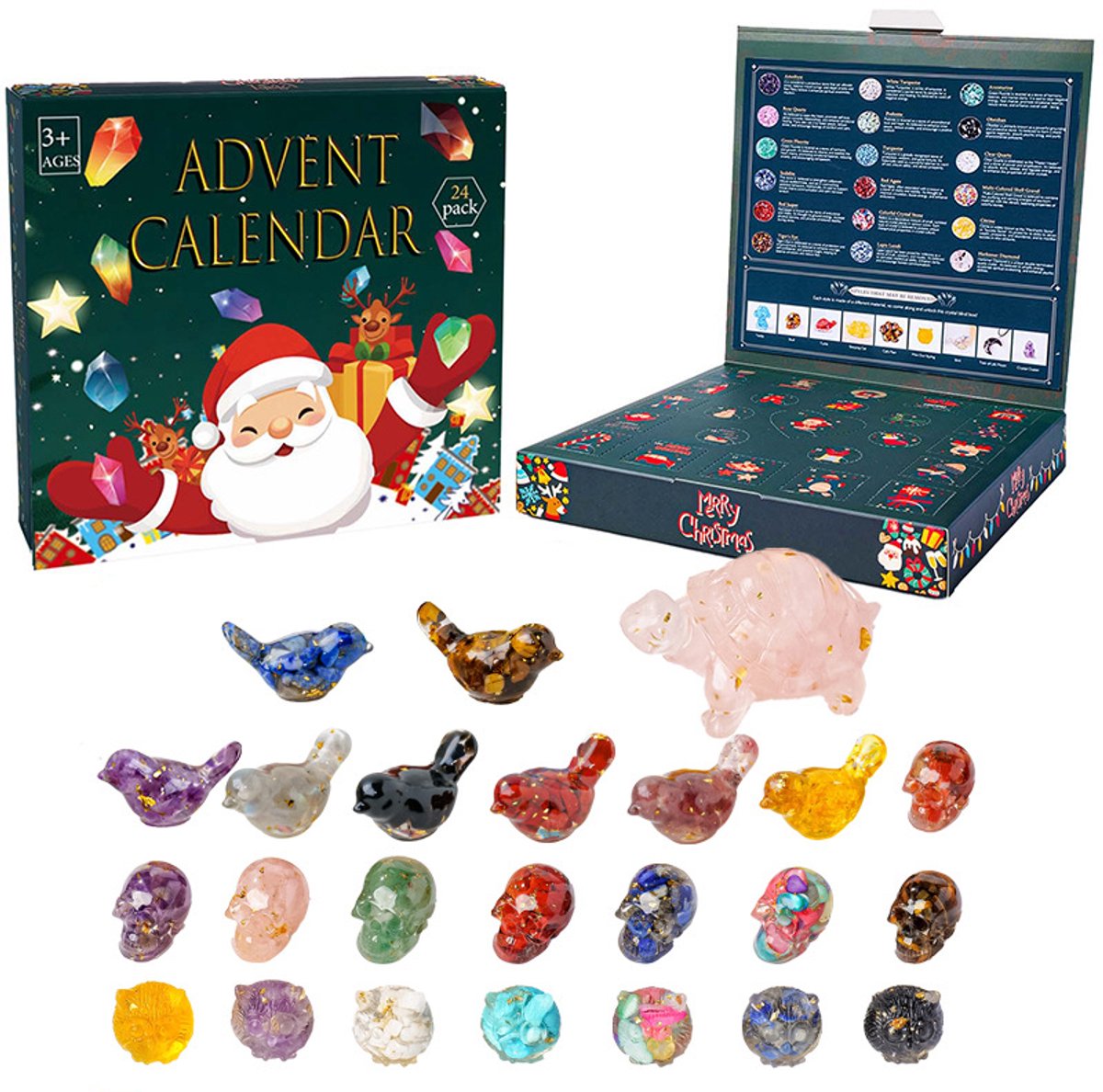 24-delige adventskalender met natuurlijke kristallen, mineralen, edelstenen, fossielen en educatief speelgoed voor kinderen.