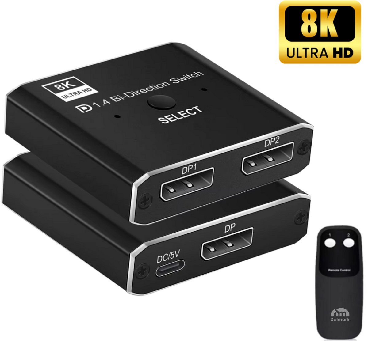 Delmark DisplayPort Switch & Splitter - 8K30Hz - Bi-directionele DP 1.4 Schakelaar - 1 naar 2 - 2 naar 1
