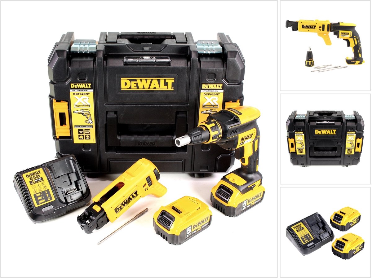DeWalt DCF 620 P2K accu-schroevendraaier voor gipsplaten 18 V 30 Nm borstelloos + 2x accu 5,0 Ah + oplader + magazijnopzetstuk + TSTAK