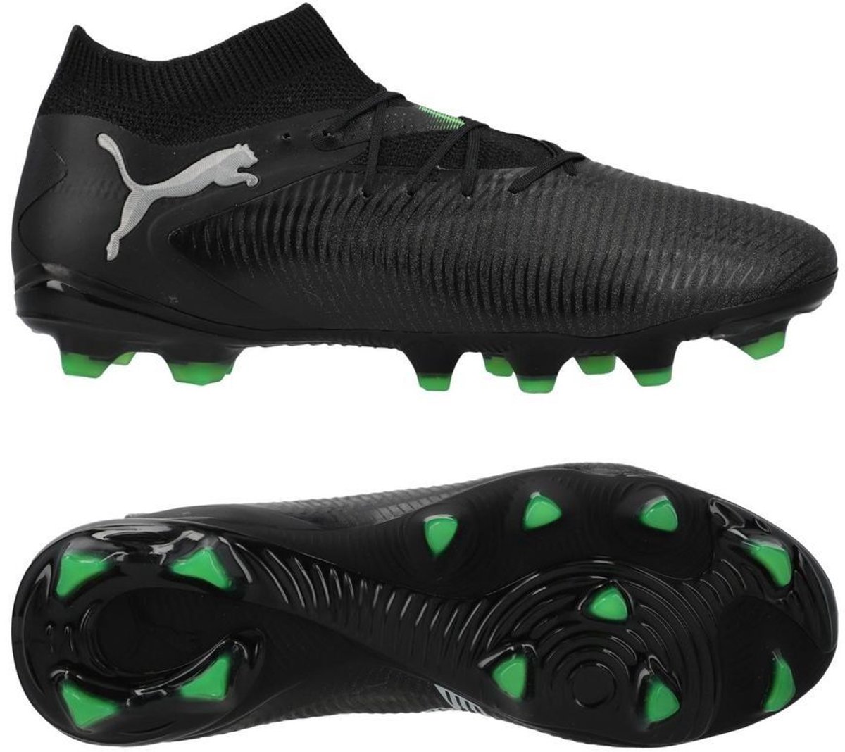 PUMA Future 8 Pro FG/AG voetbalschoenen in zwart, lichtgrijs en fluo groen, maat 46, met grip en wendbaarheid.