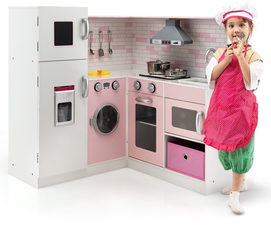 COSTWAY Kinderkeuken hout, speelkeuken met licht en geluid, houten keuken hoek met bord, magnetron, gootsteen, oven en opbergruimte, incl. accessoires, speelgoedkeuken voor kinderen vanaf 3 jaar (wit