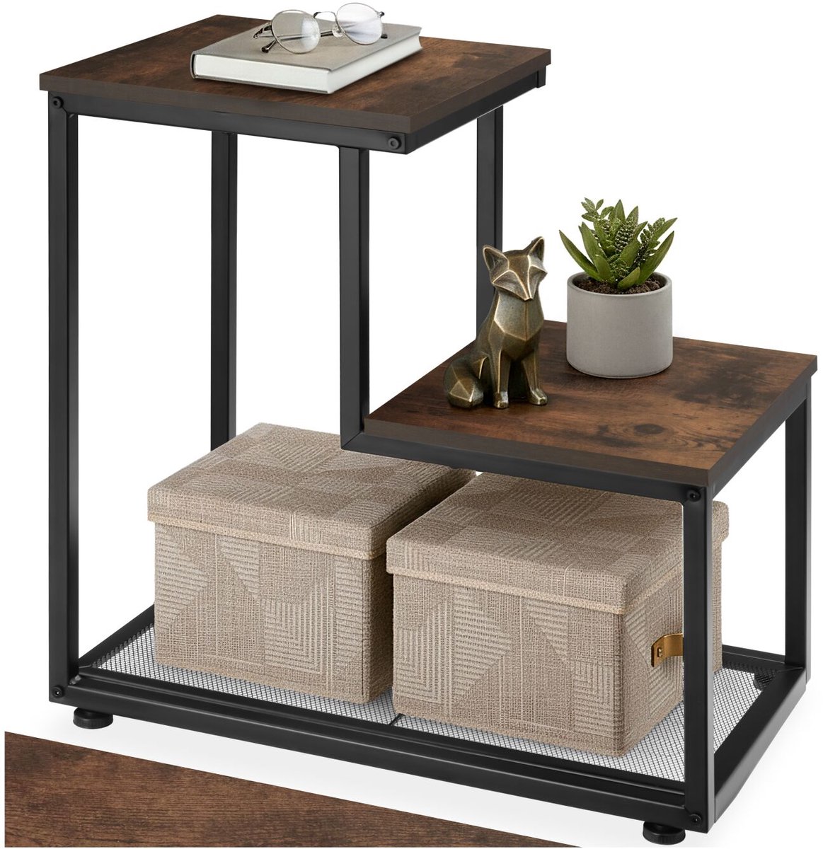 Tectake Bijzettafel met 2 planken en roosterplank - Nachtkastje in industrieel design - Voor woonkamer, slaapkamer, kantoor, hal - Eenvoudige montage - Zwart metalen frame - Afmeting (LxBxH) 60,5 x 35,5 x 60,5 cm - Donkerbruin Donkerbruin - Rustiek