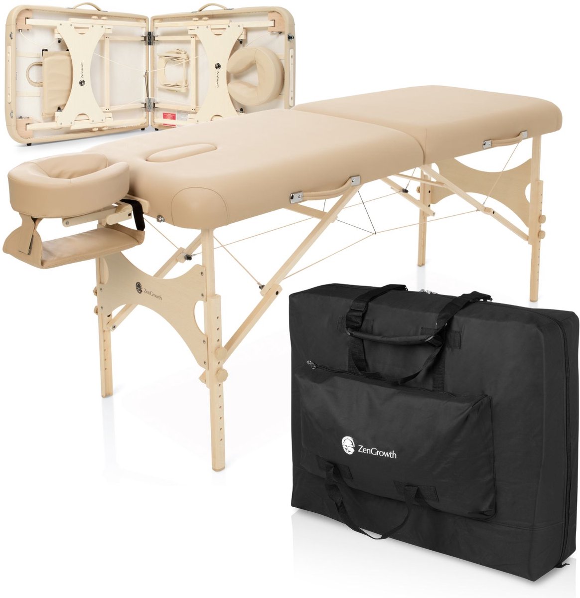 ZenGrowth® Belverde Massagetafel Beige – Inklapbaar – Breedte 71 cm – Hoogte 60 tot 89 cm – Drielaags matras – Behandelbank – Behandeltafel – Inclusief Opbergtas