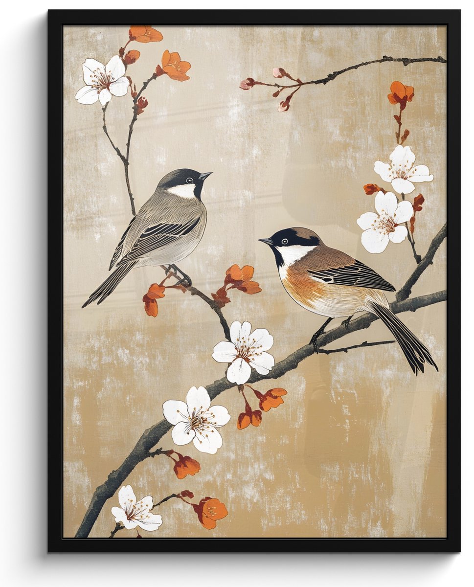 FrameYourWall Poster in lijst - Fotolijst 60x80 cm - Posters - Vogels - Bloesemtak - Bloemen - Oranje - Posterlijst zwart - Decoratie - Wanddecoratie woonkamer - Muurdecoratie slaapkamer