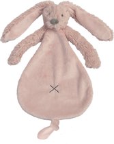 Zacht oudroze konijn knuffeldoekje met lange oren en kruissteek detail op de buik.