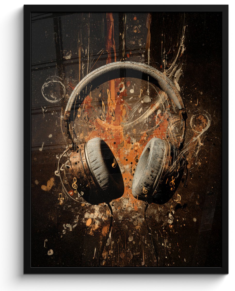 FrameYourWall Poster in lijst - Fotolijst 60x80 cm - Posters - Koptelefoon - Bruin - Dynamische penseelstreken - Posterlijst zwart - Decoratie - Wanddecoratie woonkamer - Muurdecoratie slaapkamer