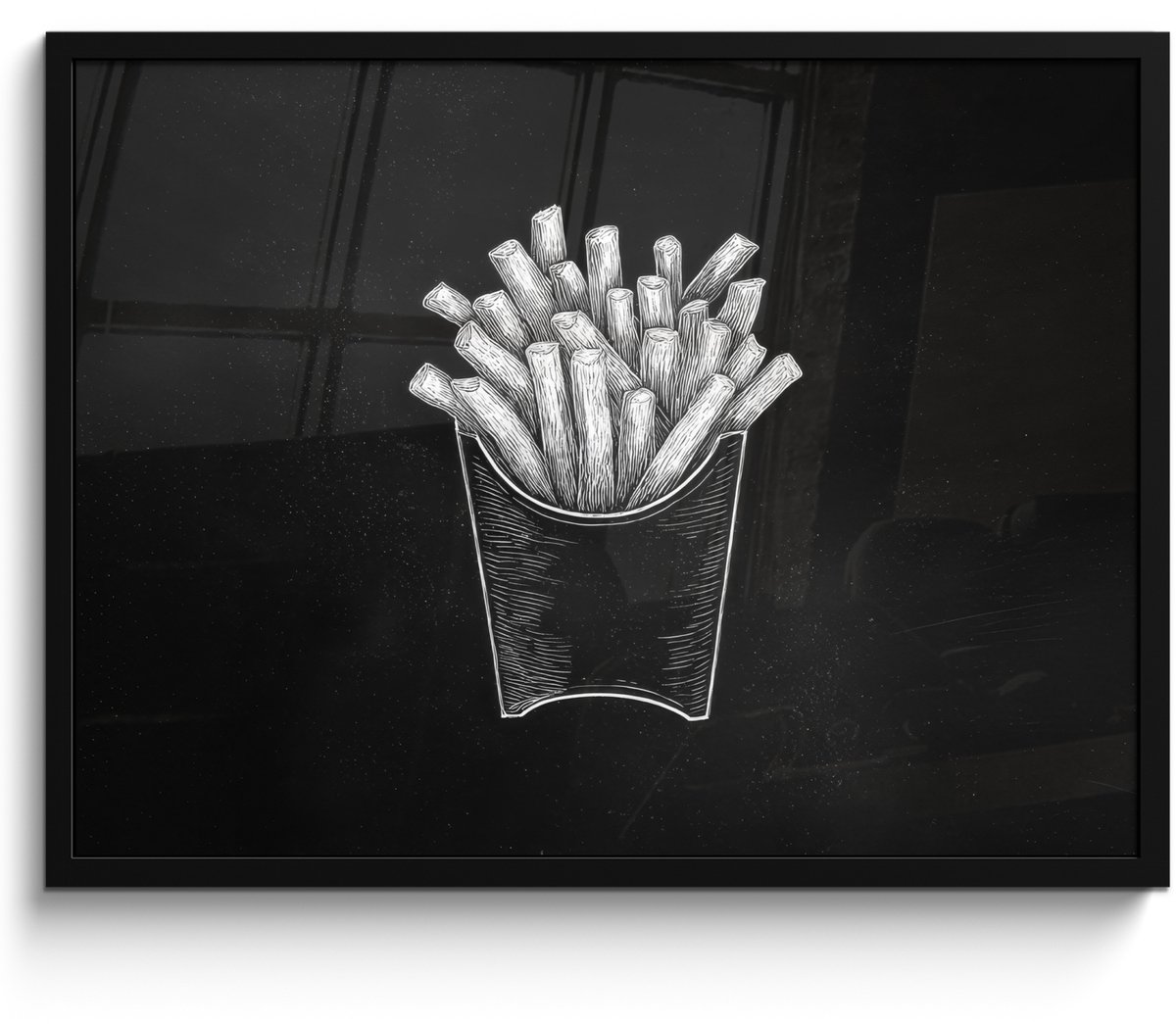 FrameYourWall Poster in lijst - Fotolijst 80x60 cm - Posters - Friet - Witte krijttekening - Zwart - Posterlijst zwart - Decoratie - Wanddecoratie woonkamer - Muurdecoratie slaapkamer
